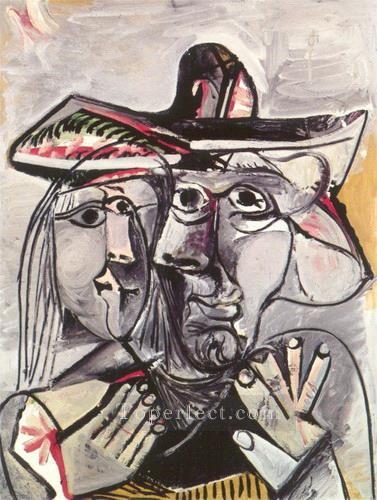 Buste d homme au chapeau et tete de femme 1971 Cubism Oil Paintings